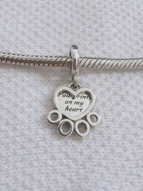Paw Print Heart Dangle Silver Charm For Pandora Bracelet Necklace
